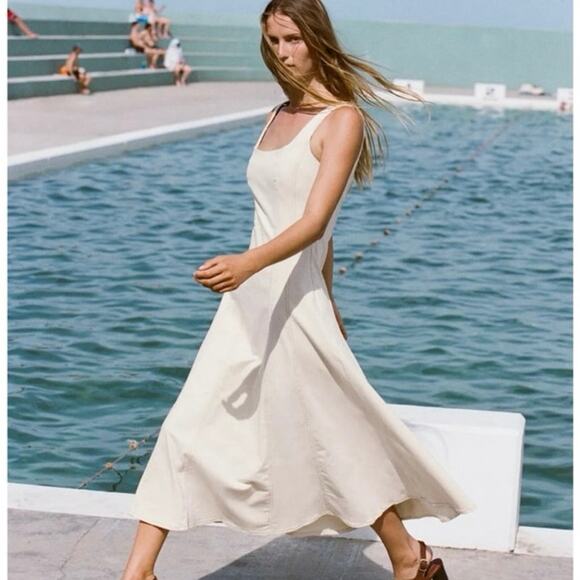 NWOT Zara Cream Ivory Topstitch Midi Square Neck Dress Women’s Size XS - Picture 11 of 14